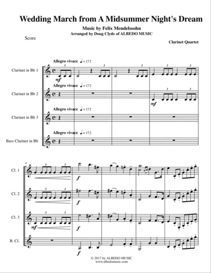 Mendelssohn Wedding March from A Midsummer Night's Dream for Clarinet Quartet Clarinet Quartet scores gallery preview page 1