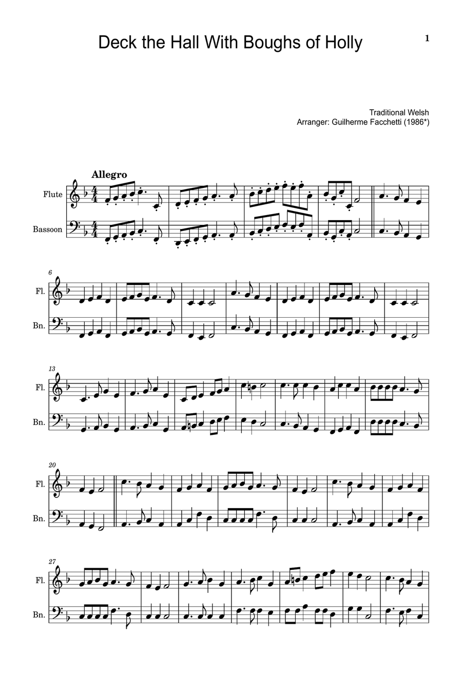 Deck the Hall With Boughs of Holly - Arranged for Flute and Bassoon. Woodwind Duet scores gallery preview page 1