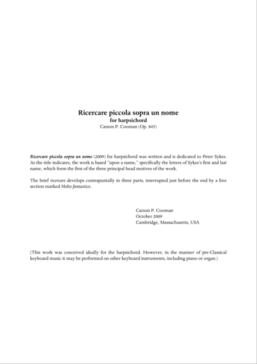 Carson Cooman - Ricercare piccola sopra un nome for harpsichord Harpsichord scores gallery preview page 1