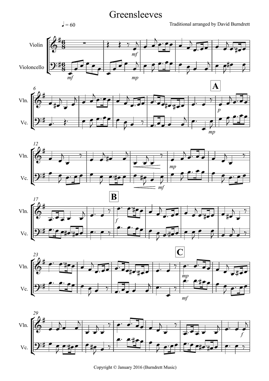 Greensleeves for Violin and Cello Duet String Duet scores gallery preview page 1