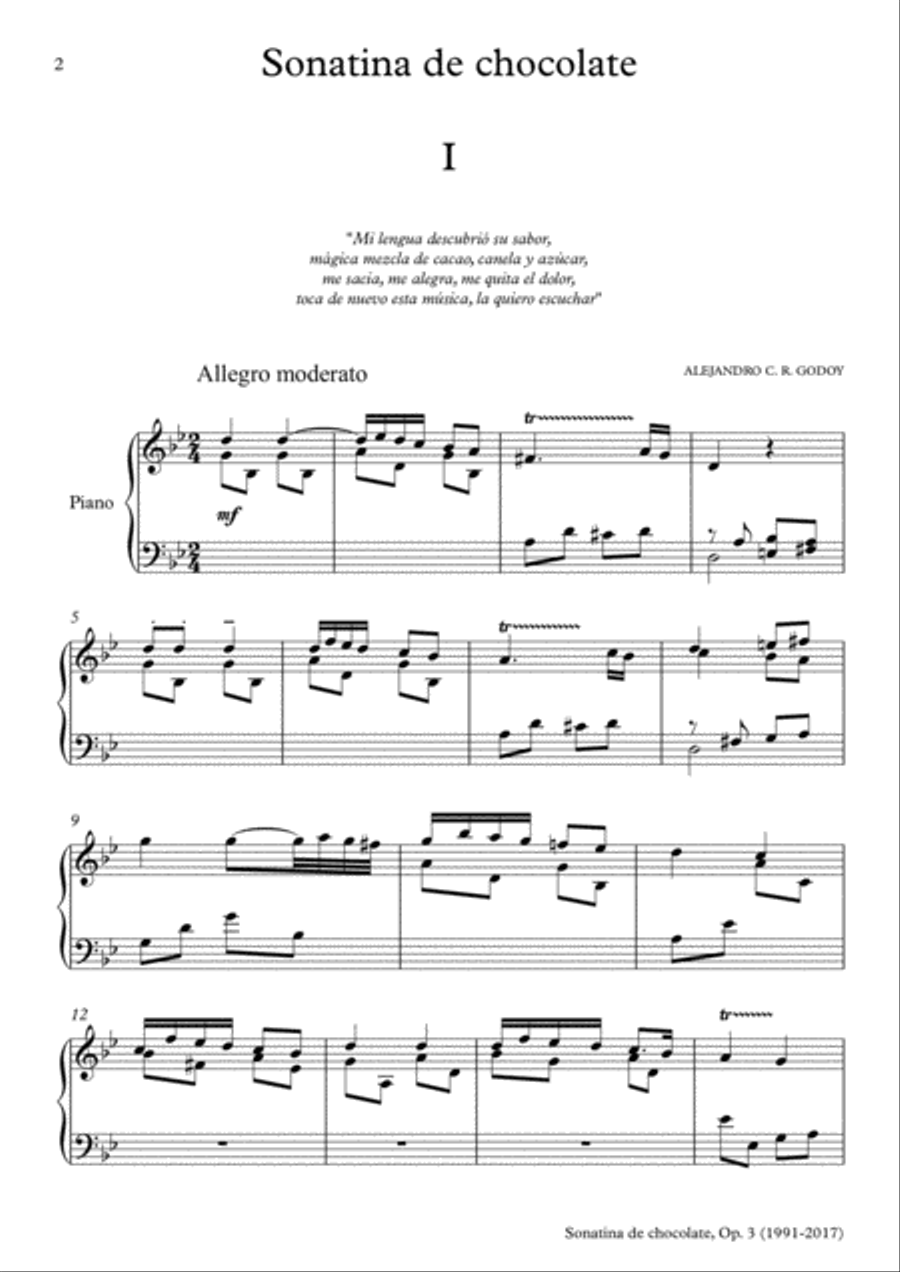 Sonatina de chocolate, Op.3 (para piano) (2017) - I. Allegro Moderato Piano Solo scores gallery preview page 2