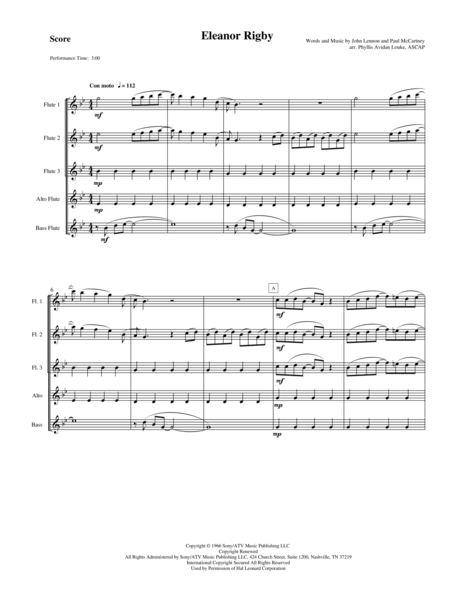 Eleanor Rigby by Lennon & McCartney for Flute Choir or Quintet image number null