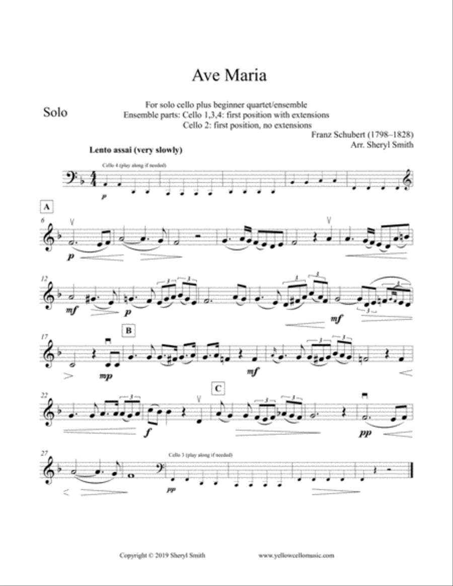 Schubert Ave Maria, for solo advanced cello plus four beginner cellists or cello ensemble Cello scores gallery preview page 4