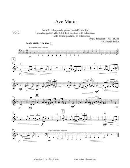 Schubert Ave Maria, for solo advanced cello plus four beginner cellists or cello ensemble image number null