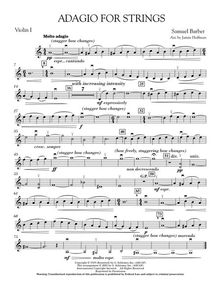 Adagio For Strings - Violin 1 by Samuel Barber Orchestra - Digital Sheet Music