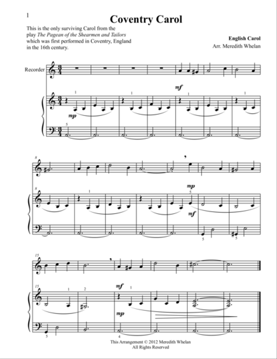 Christmas Duets for Recorder & Piano: Coventry Carol Woodwind Duet scores gallery preview page 1