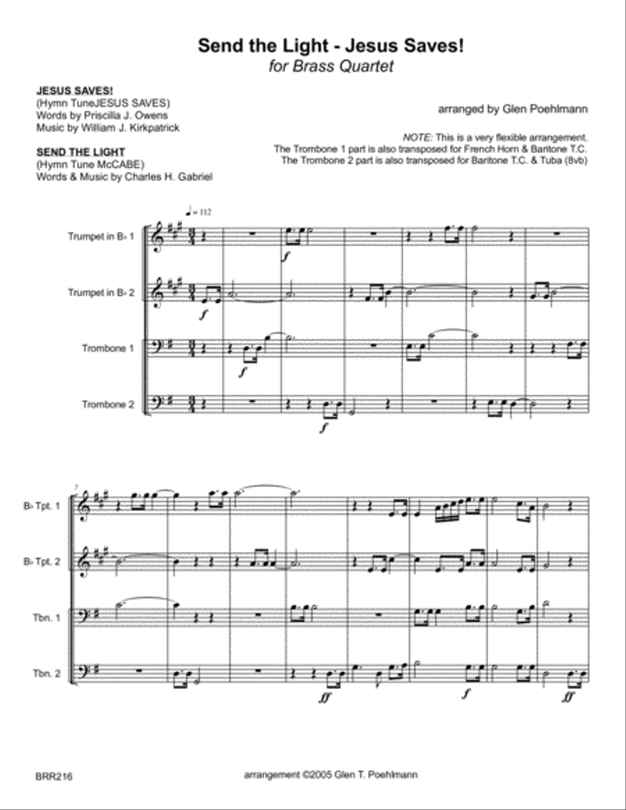 SEND THE LIGHT with JESUS SAVES - Hymn Medley for BRASS QUARTET (unaccompanied) Brass Quartet scores gallery preview page 1