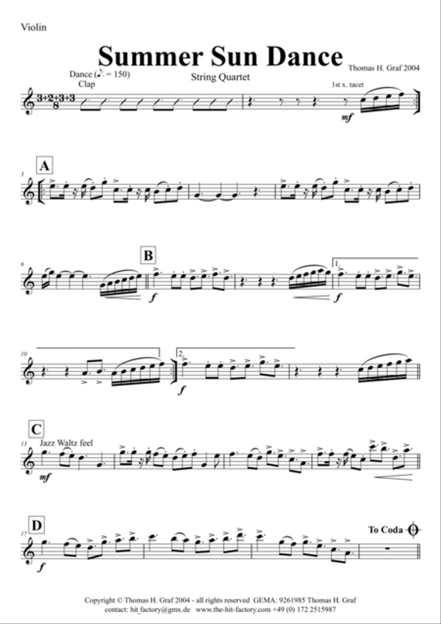 Summer Sun Dance - 11/8 - Folk Dance Style - String Quartet String Quartet scores gallery preview page 4
