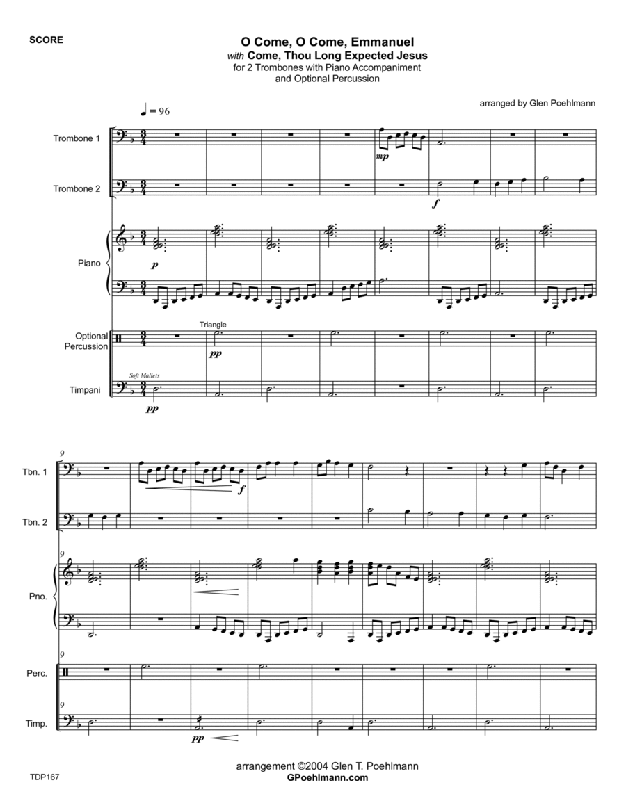 O COME O COME EMMANUEL/COME THOU LONG-EXPECTED JESUS - TROMBONE DUET with Piano & optional Percussio Trombone Duet scores gallery preview page 1
