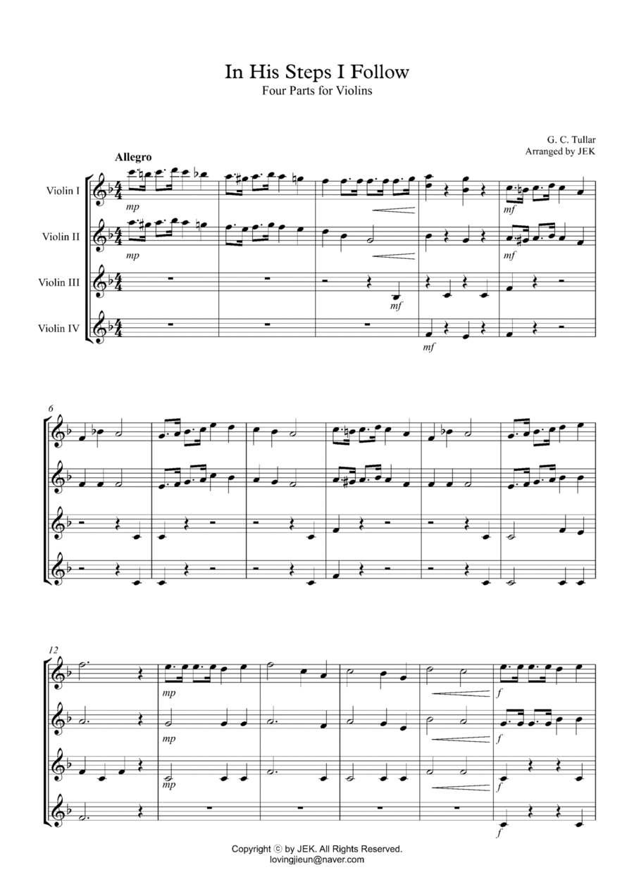 HYMN FOR VIOLIN ENSEMBLE - In His Steps I Follow Violin scores gallery preview page 1