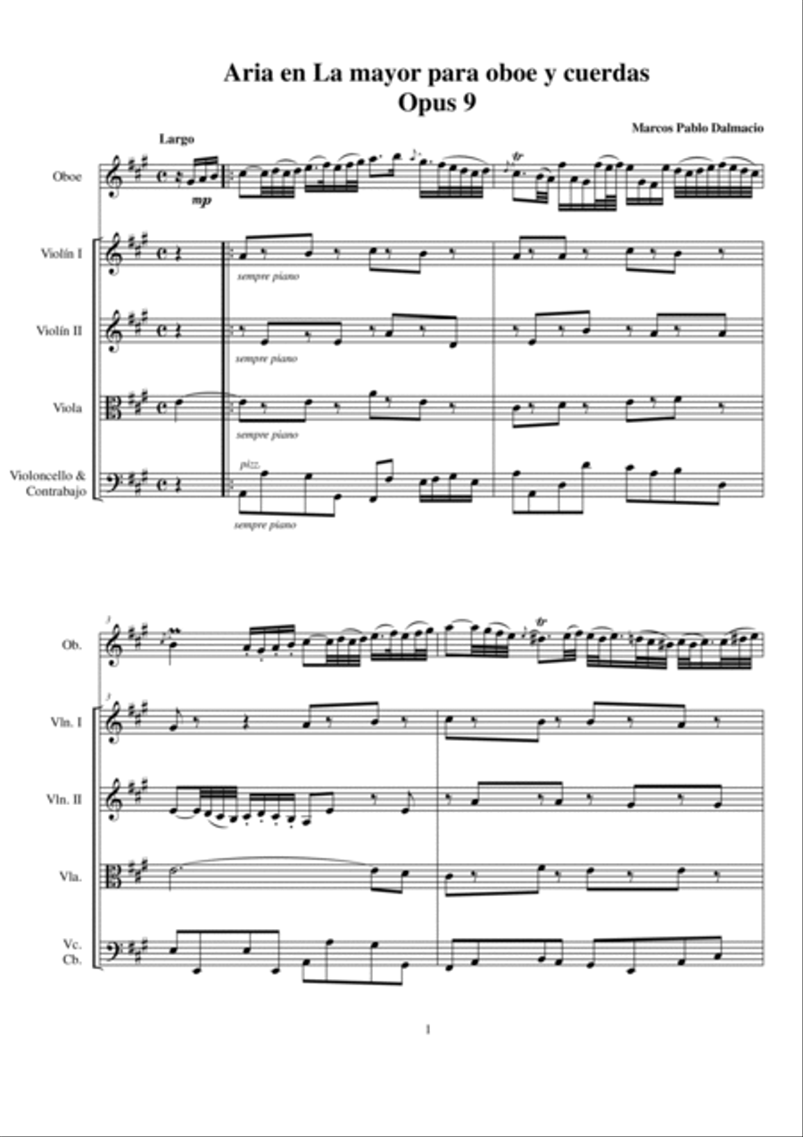 Aria en La mayor para Oboe y Cuerdas Opus 9 (Spanish Edition)