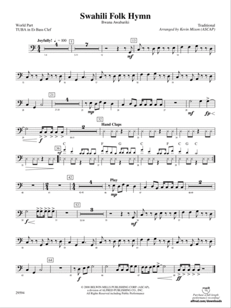 Swahili Folk Hymn (Bwana Awabariki): (World Part) E-flat Tuba B.C. Concert Band scores gallery preview page 1