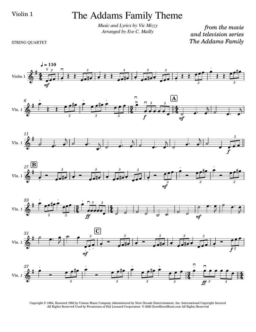 The Addams Family Theme String Quartet scores gallery preview page 6