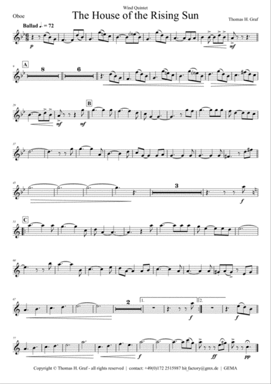 The house of the rising sun - Folk Song - Wind Quintet Woodwind Quintet scores gallery preview page 5