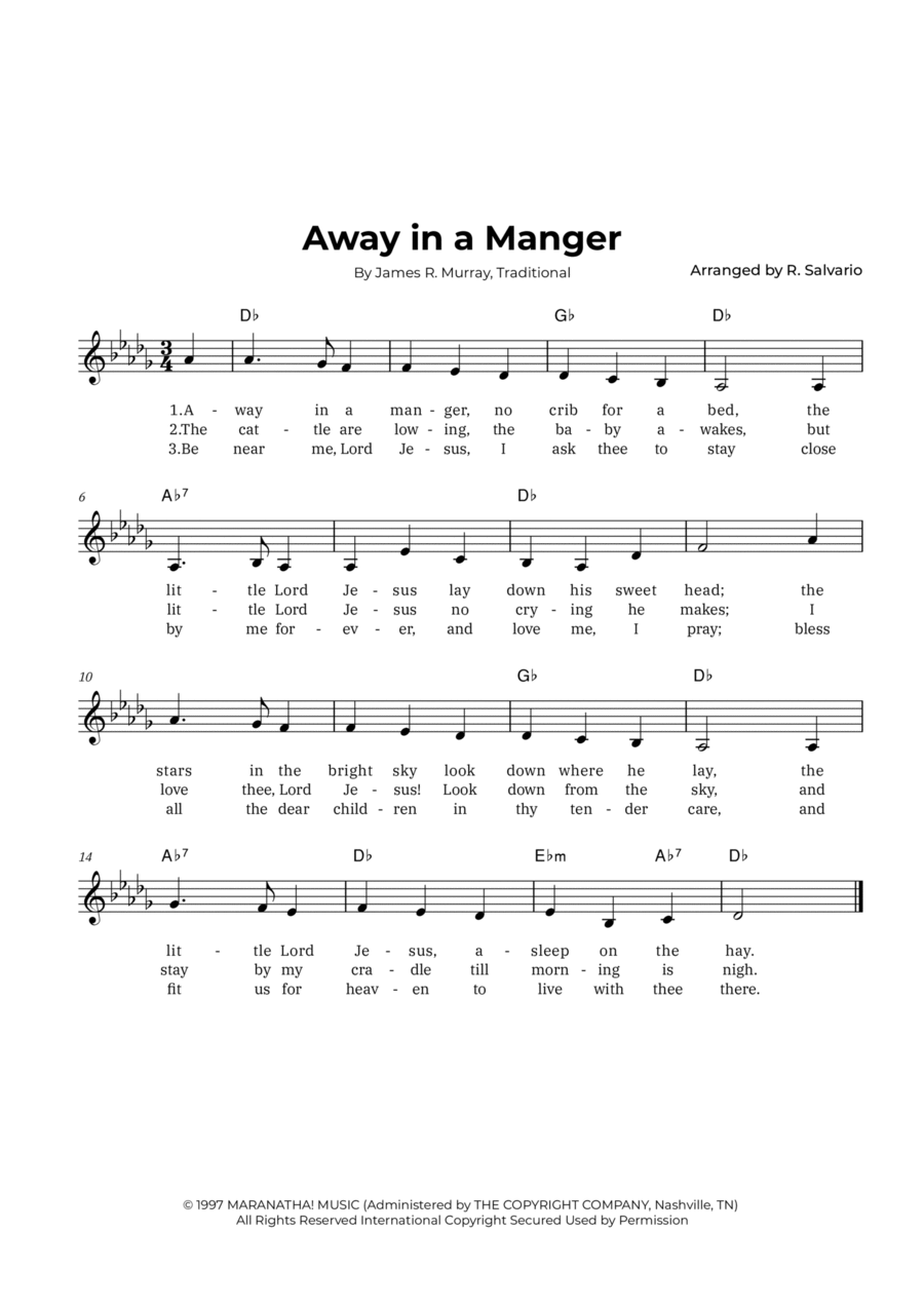 Away in a Manger (Key of D-Flat Major) Easy Piano scores gallery preview page 1
