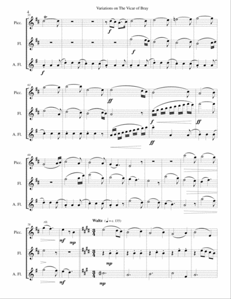 Variations on the Vicar of Bray for flute trio (piccolo, flute and alto flute) Flute Trio scores gallery preview page 4