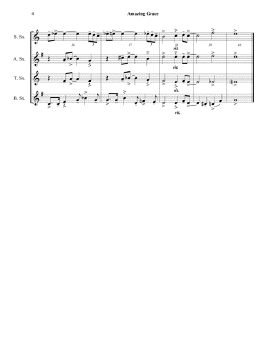 Amazing Grace - Saxophone Quartet (SATB or AATB) - Jazz Funeral Style Saxophone Quartet scores gallery preview page 4