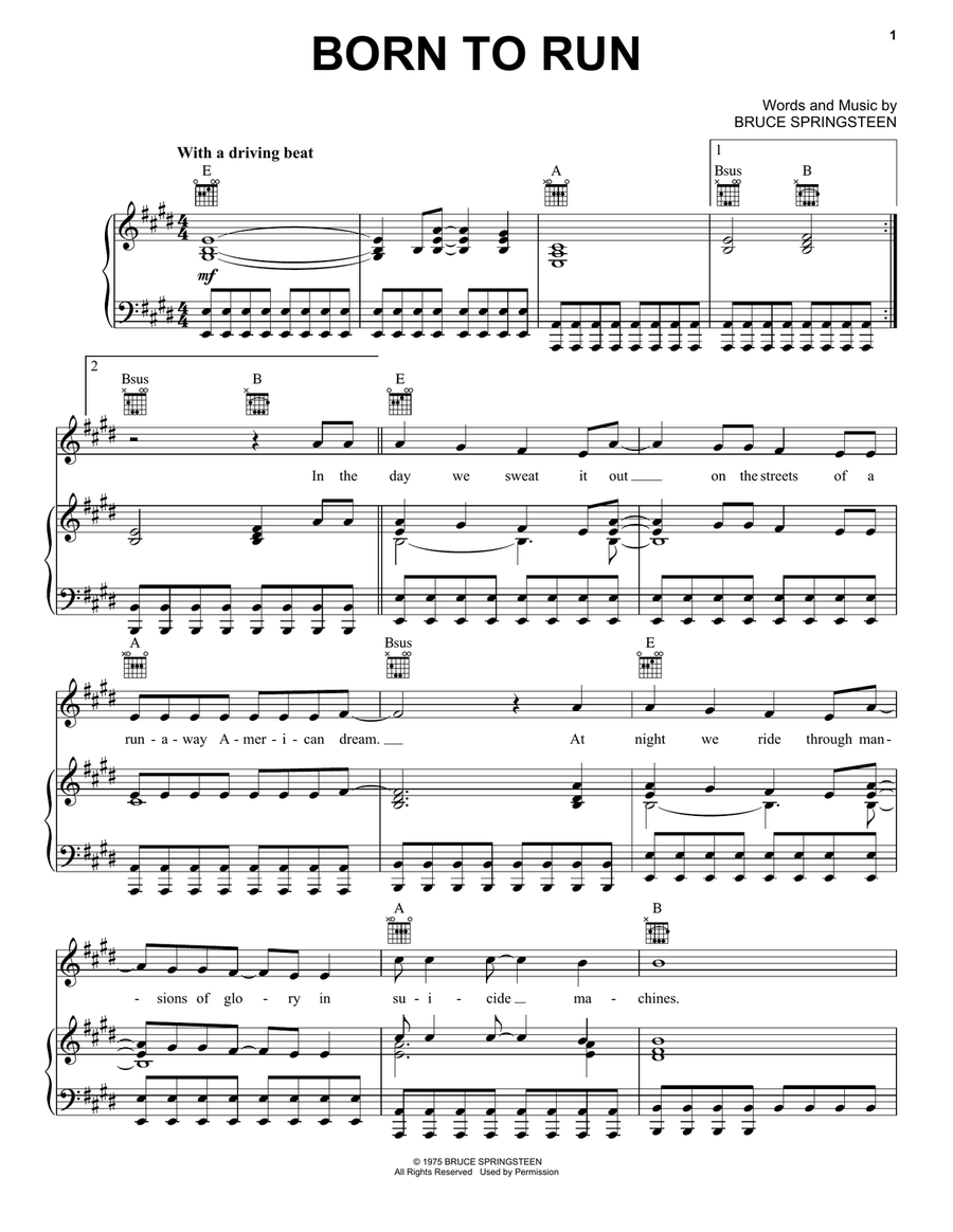 Born To Run Piano, Vocal, Guitar scores gallery preview page 1