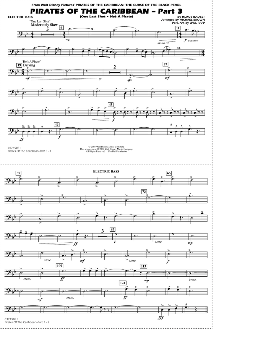 Pirates of the Caribbean - Part 3 (arr. Michael Brown) - Electric Bass Marching Band scores gallery preview page 1