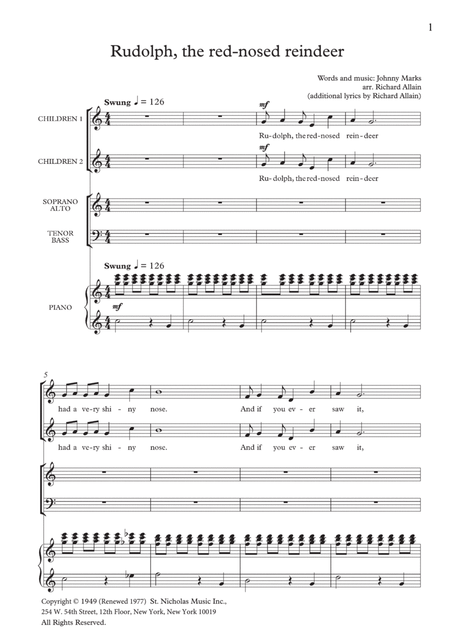 Rudolph The Red-Nosed Reindeer (arr. Richard Allain) 4-Part scores gallery preview page 1