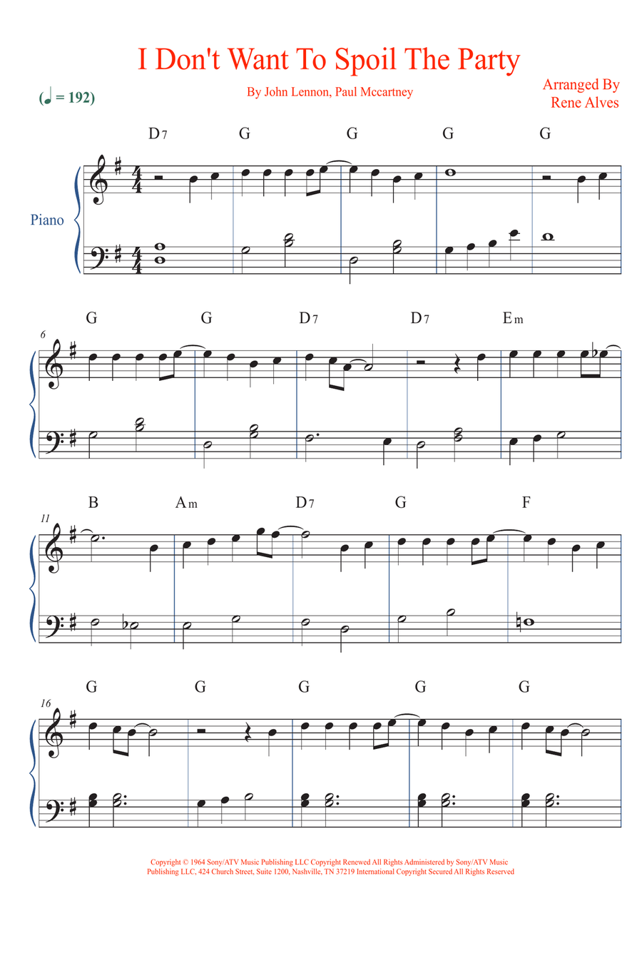 I Don't Want To Spoil The Party Easy Piano scores gallery preview page 1
