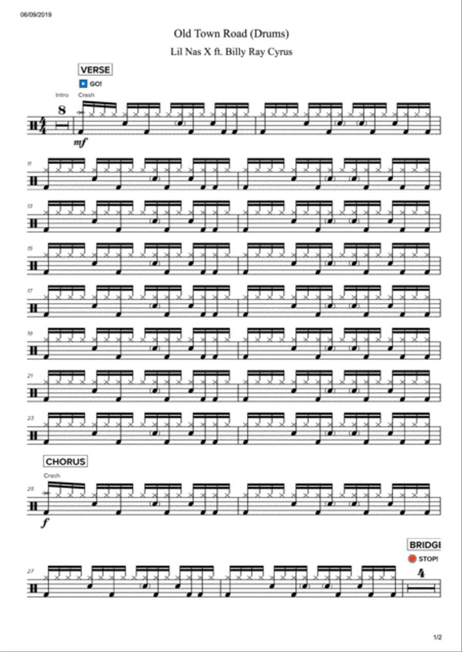 Old Town Road (remix) Feat. Billy Ray Cyrus Drum Set scores gallery preview page 1