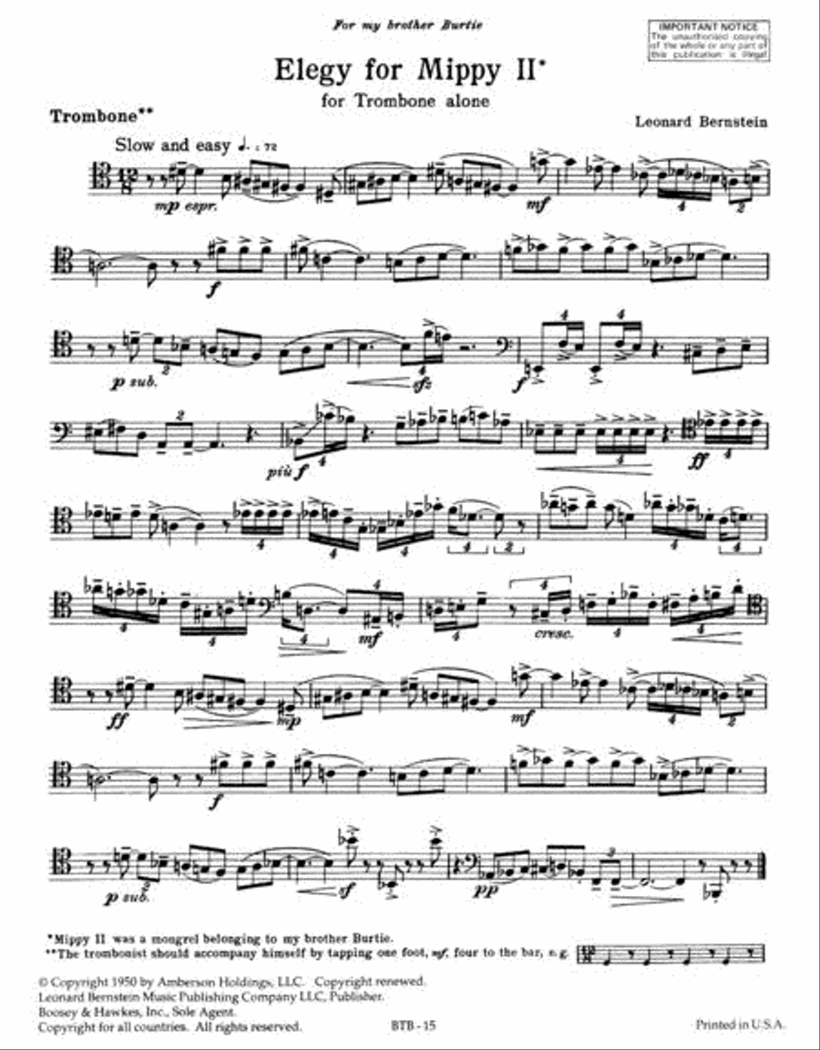 Elegy for Mippy II for trombone alone Book