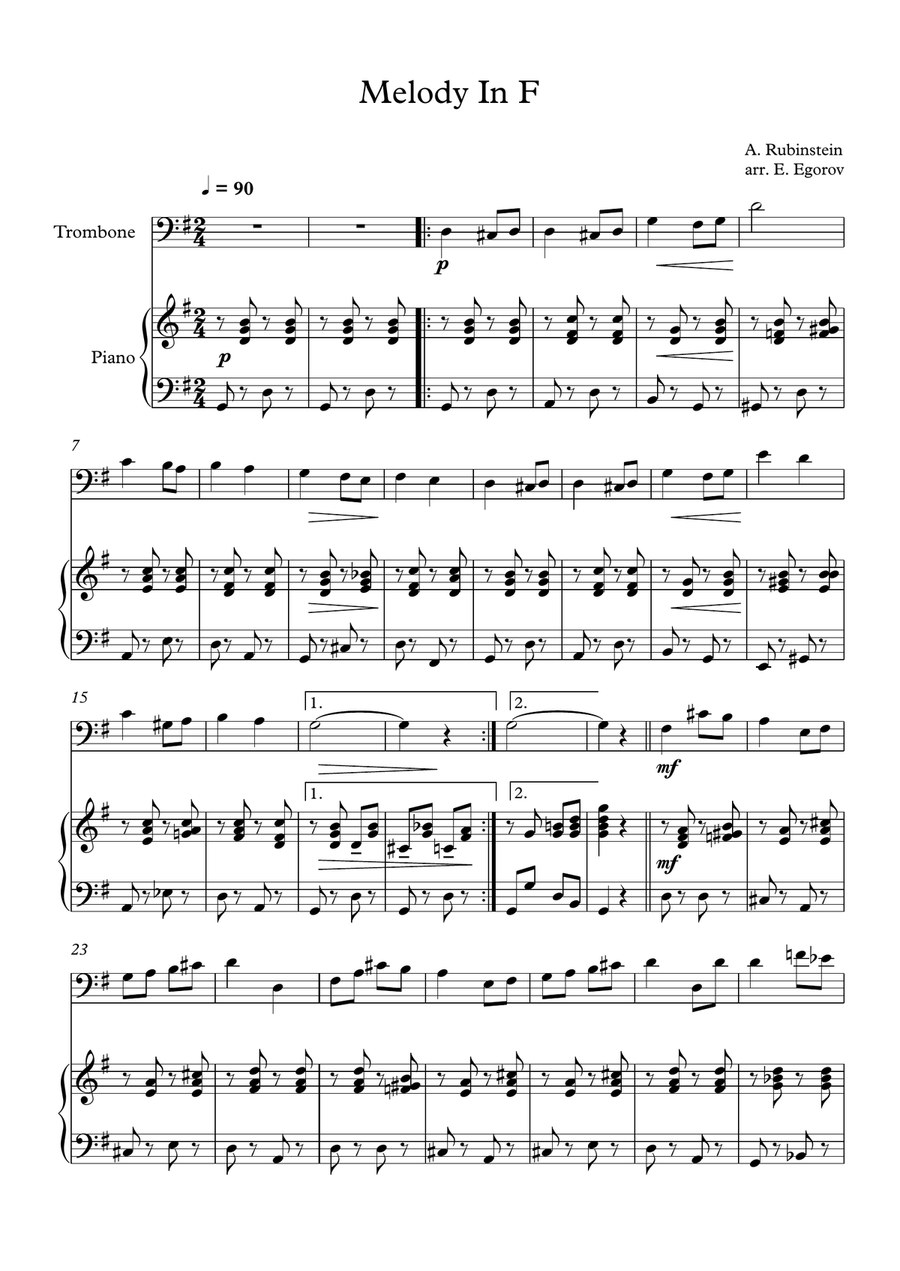 Melody In F, Anton Rubinstein, For Trombone & Piano Piano Accompaniment scores gallery preview page 1