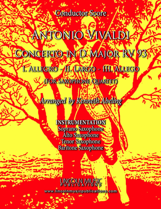 Book cover for Vivaldi - Concerto in D Major RV 93 (for Saxophone Quartet SATB and Optional Organ)