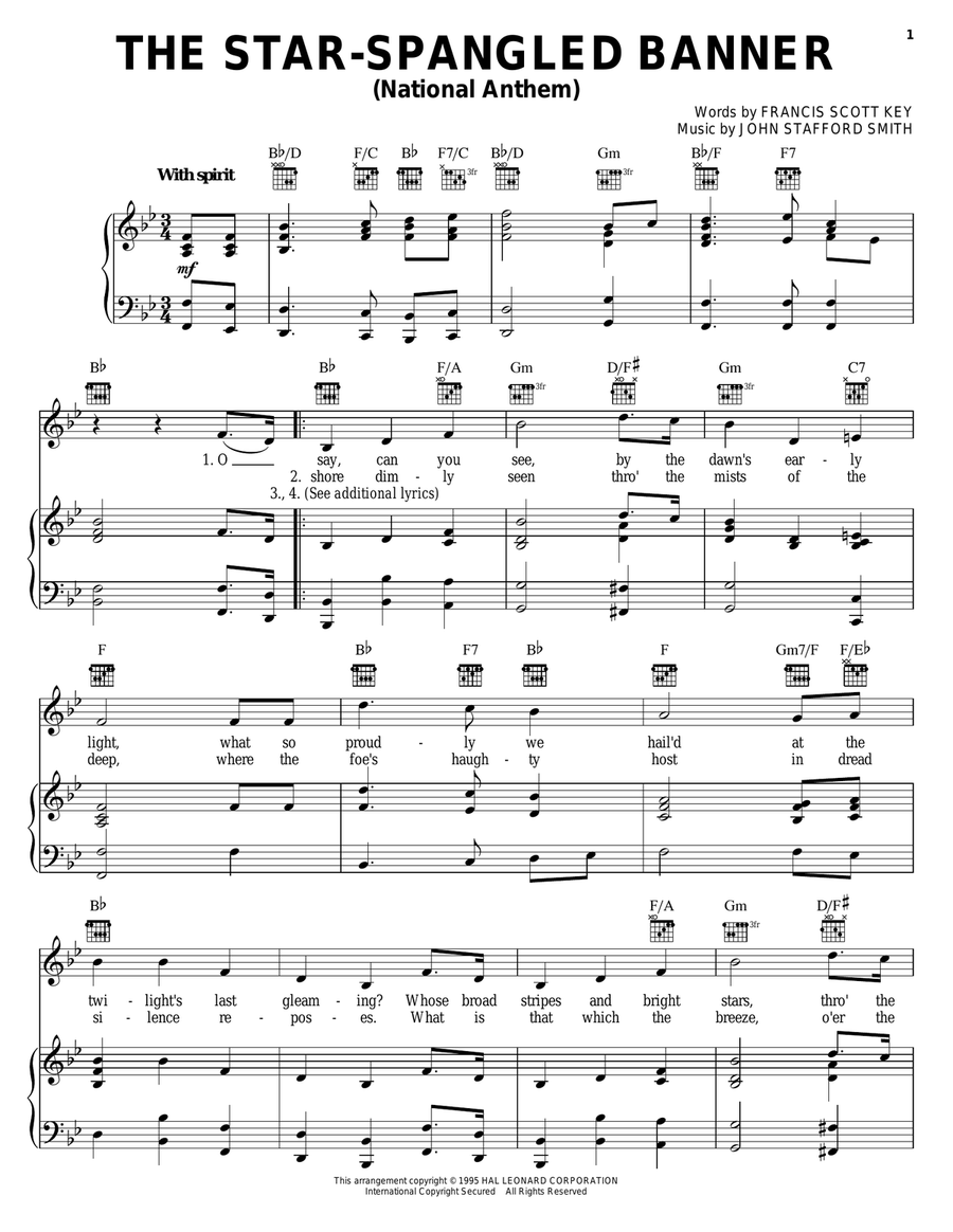 The Star Spangled Banner Piano, Vocal, Guitar scores gallery preview page 1