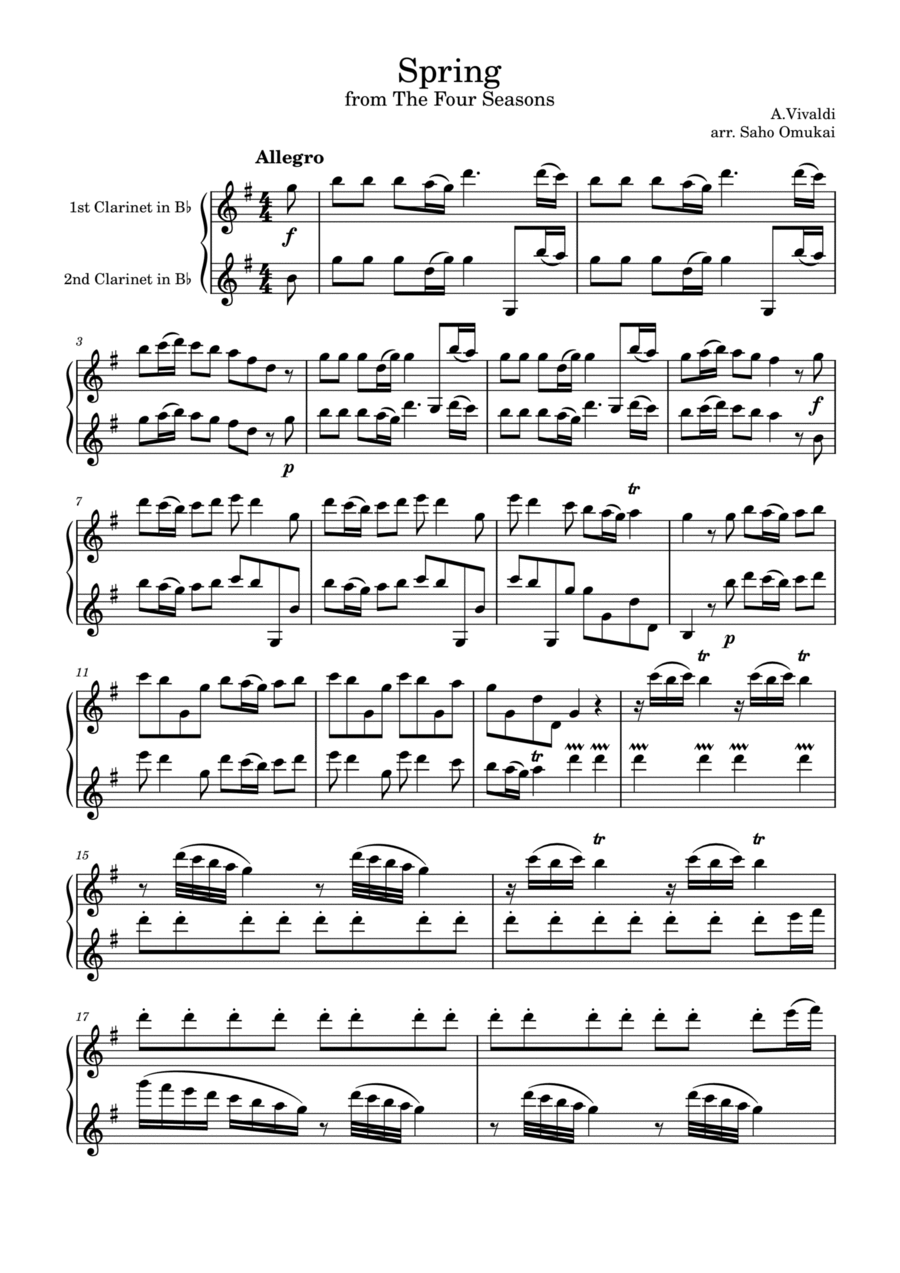 A.Vivaldi: Spring from the four seasons for two clarinets Clarinet Duet scores gallery preview page 1
