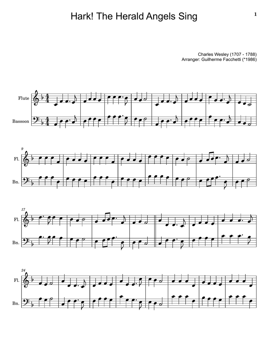 Hark! The Herald Angels Sing - Arranged for Flute and Bassoon. Woodwind Duet scores gallery preview page 1