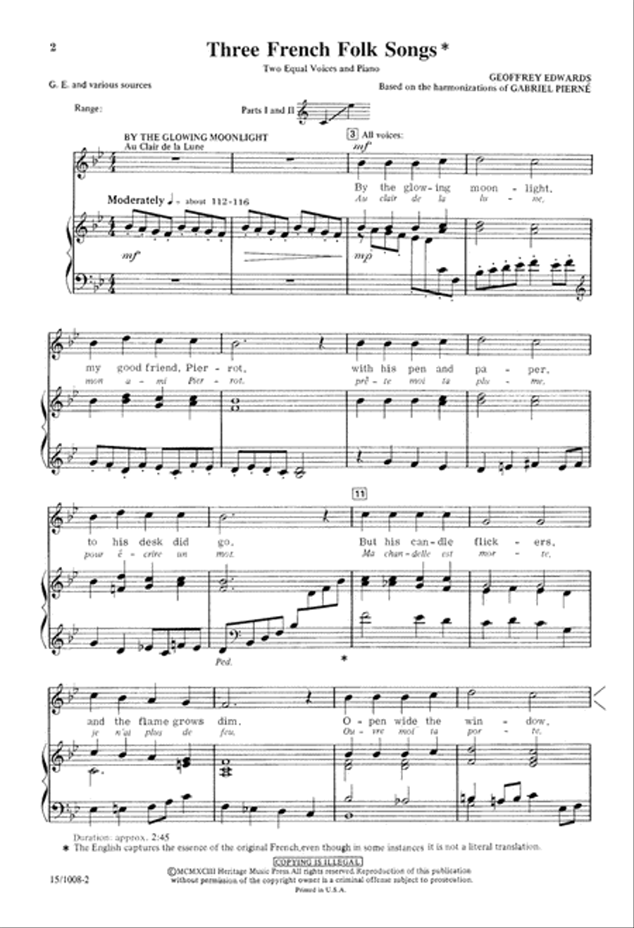 Three French Folk Songs 2-Part scores gallery preview page 2