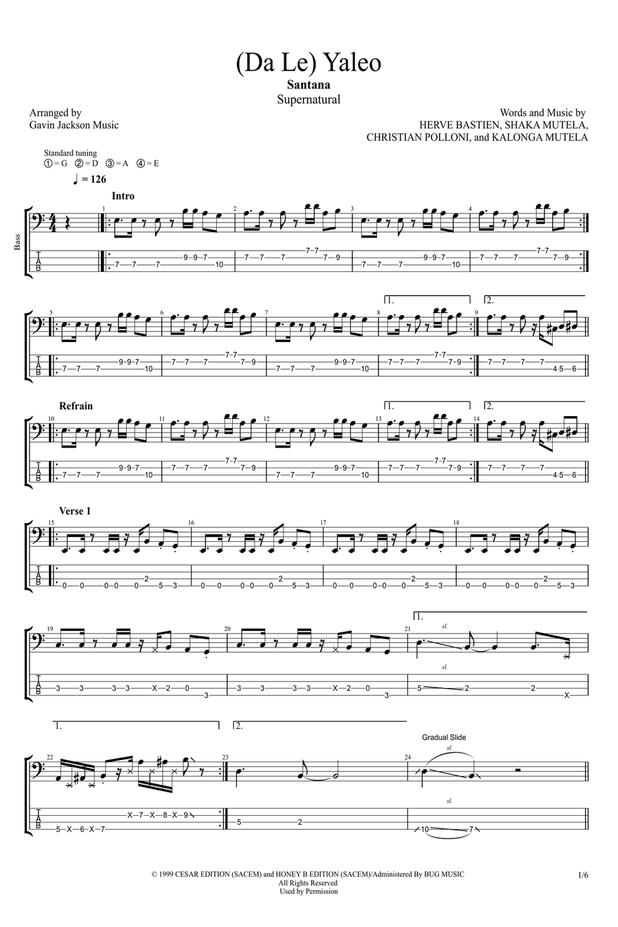 (Da Le) Yaleo Bass Guitar Tablature scores gallery preview page 1