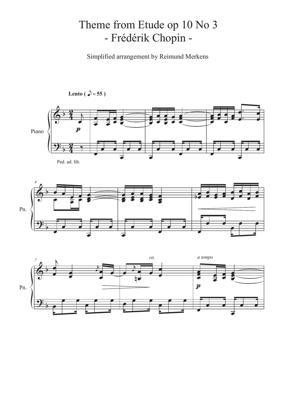 Theme from Etude op.10 No 3 (a bit simplified version) Piano Method scores gallery preview page 1