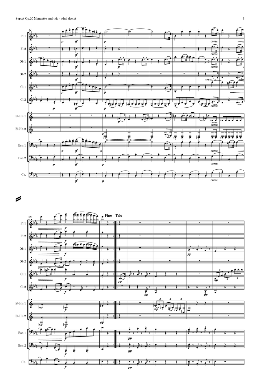 Beethoven: Septet in Eb major Op.20 Mvt.III Menuetto and Trio - wind dectet/bass Large Ensemble scores gallery preview page 3