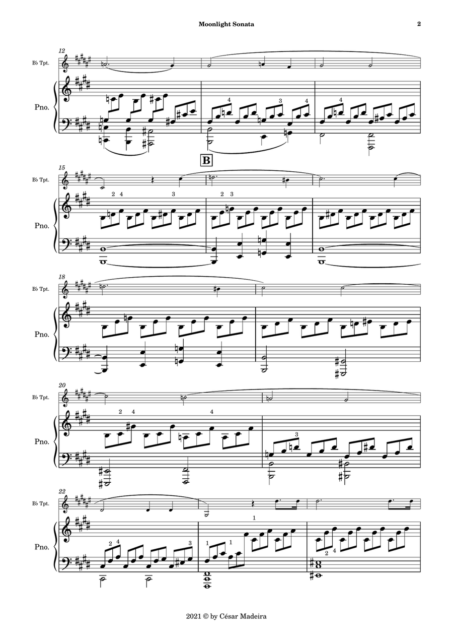 Moonlight Sonata by Beethoven 1 mov. - Bb Trumpet and Piano (Full Score and Parts) B-Flat Trumpet scores gallery preview page 3