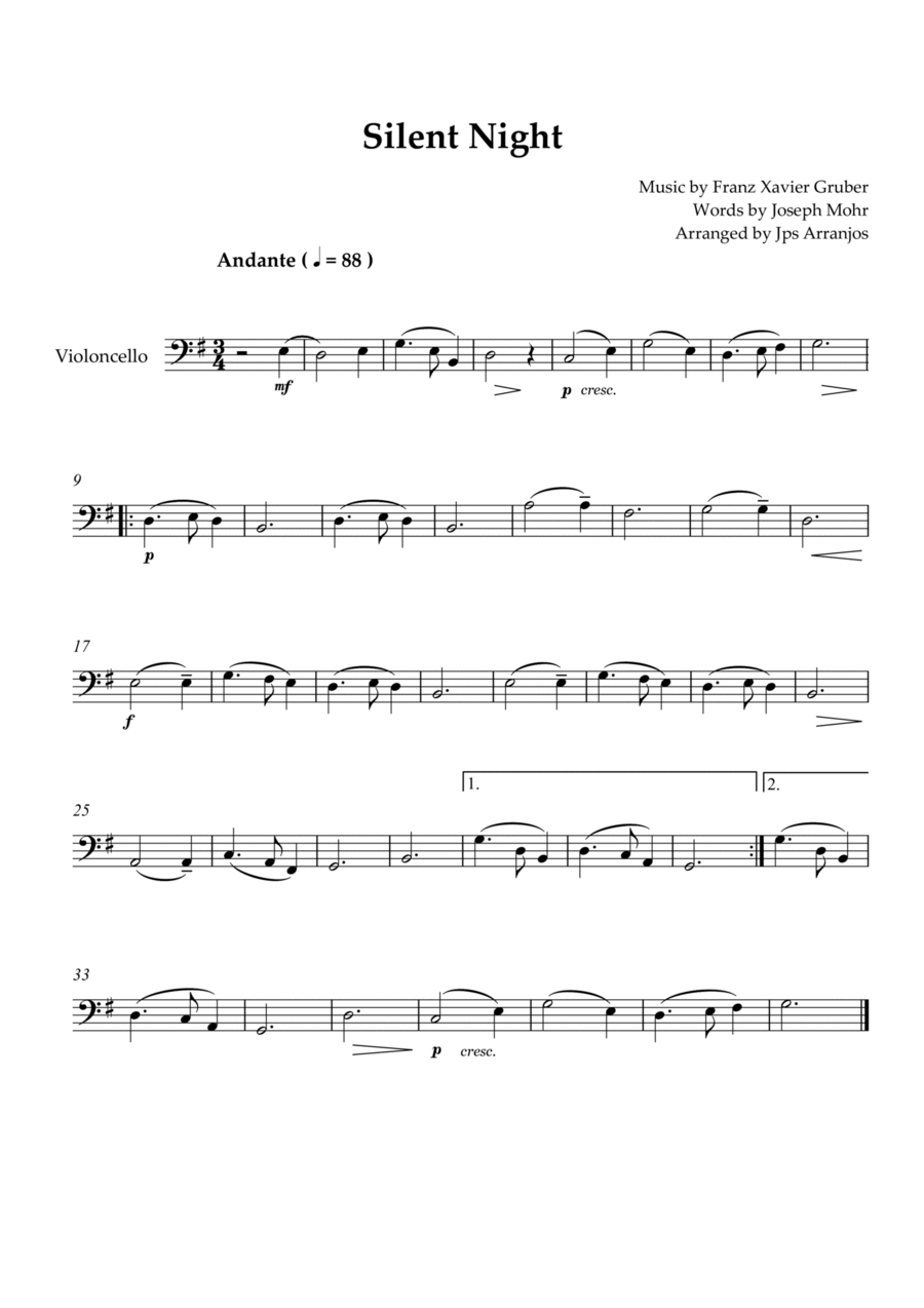 Silent Night For Cello Solo Easy Piano scores gallery preview page 1