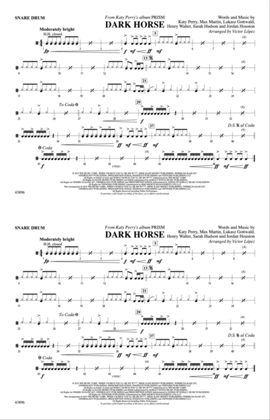Dark Horse: Snare Drum Marching Band scores gallery preview page 1