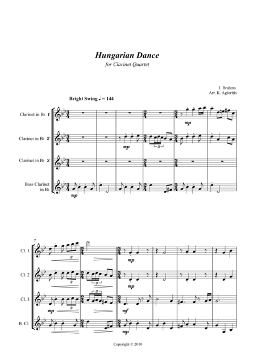 Hungarian Dance - in a Jazz Style - For Clarinet Quartet Clarinet Quartet scores gallery preview page 1