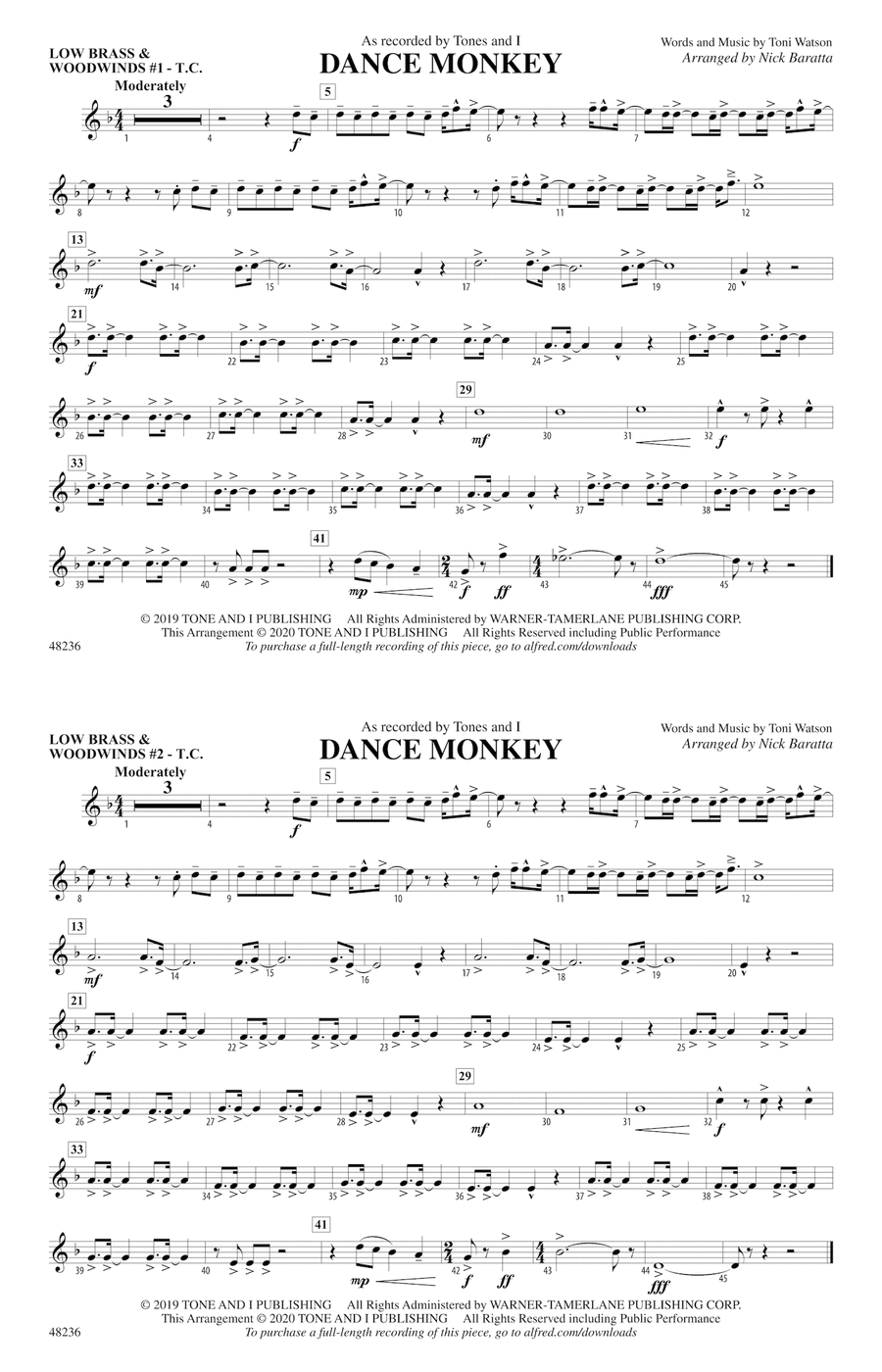 Dance Monkey: Low Brass & Woodwinds #1 - Treble Clef Marching Band scores gallery preview page 1