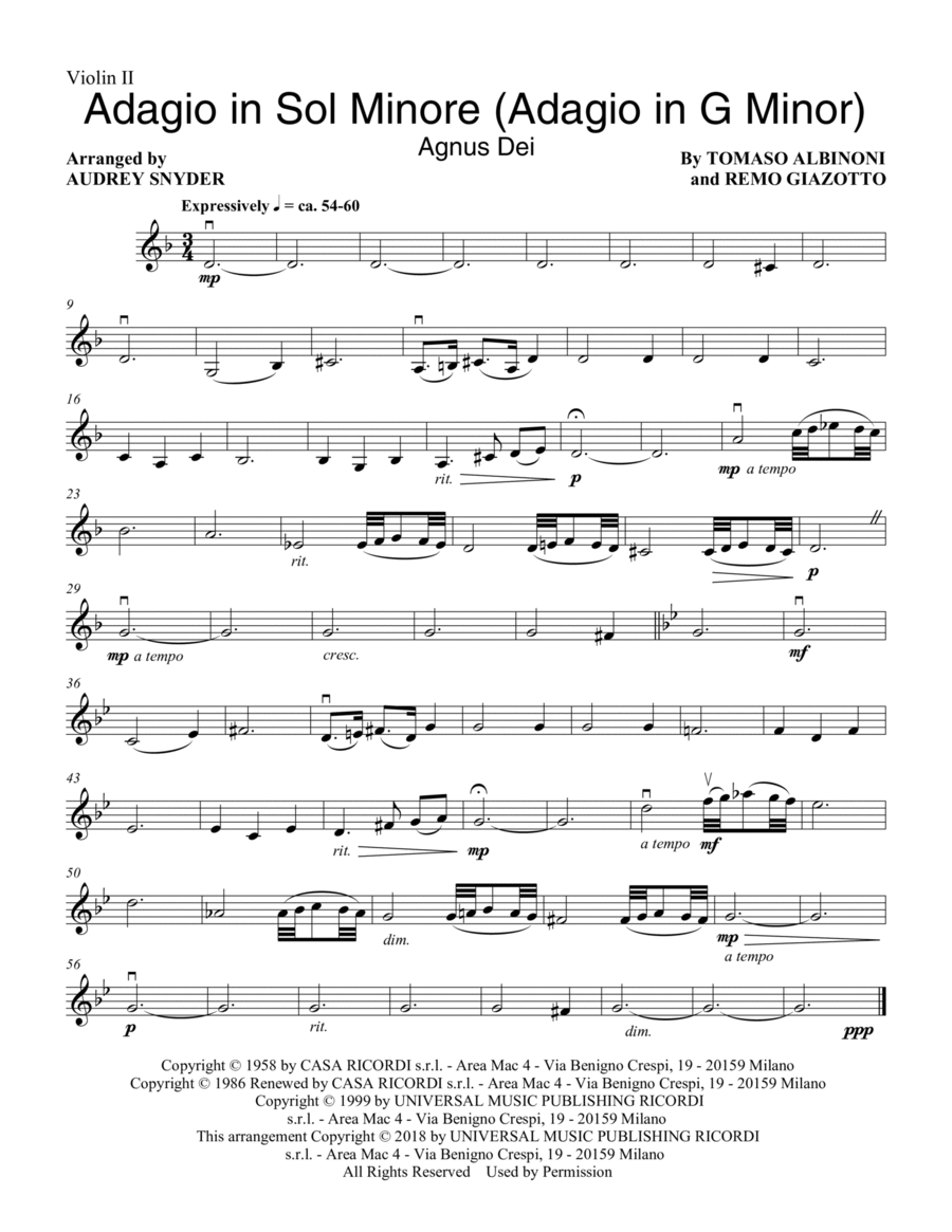 Adagio In Sol Minore (Adagio in G Minor) (arr. Audrey Snyder) - Violin 2