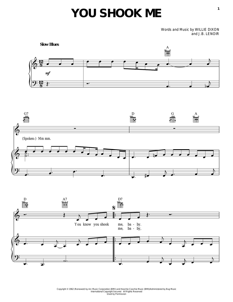 You Shook Me Piano, Vocal, Guitar scores gallery preview page 1