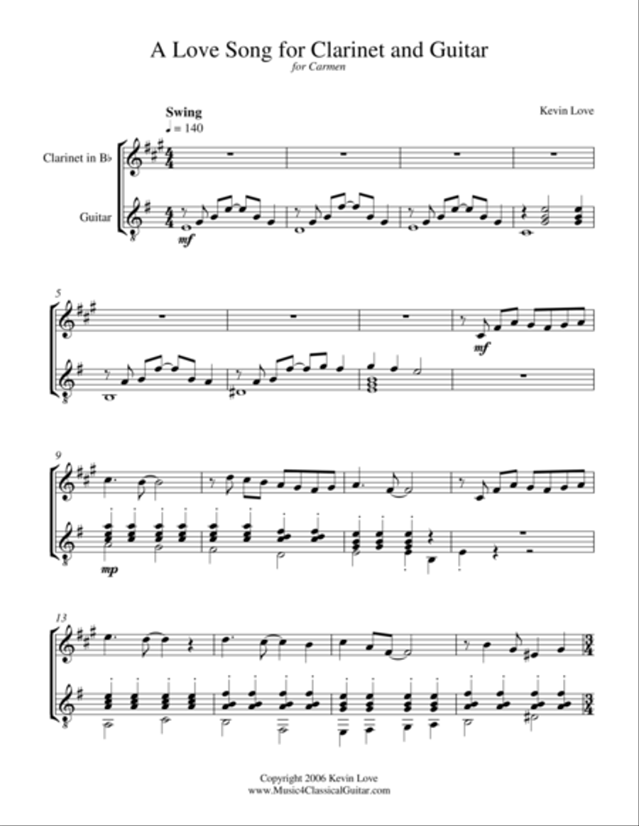 A Love Song for Clarinet and Guitar - Score and Parts Clarinet scores gallery preview page 1