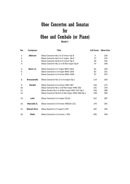 16 Oboe Concertos and Sonatas for Oboe and Cembalo or Piano - Book 1 - Scores and Part
