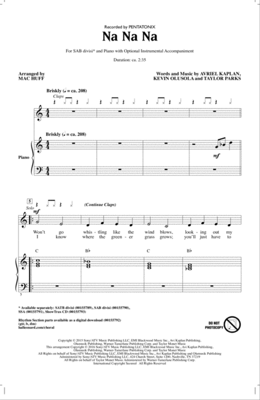 Na Na Na (arr. Mac Huff) 3-Part scores gallery preview page 1