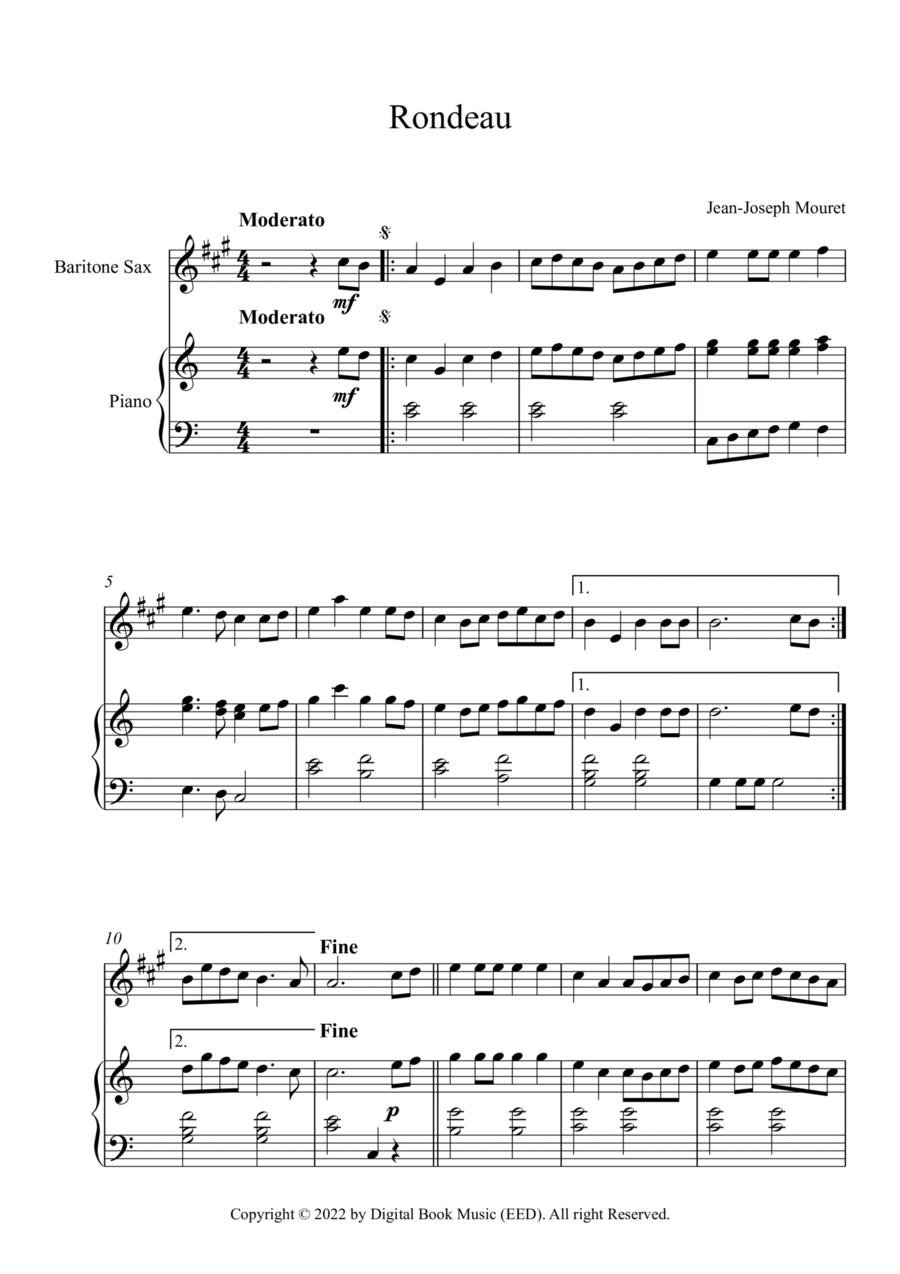Rondeau - Jean-Joseph Mouret (Bariton Sax + Piano) Baritone Saxophone scores gallery preview page 1