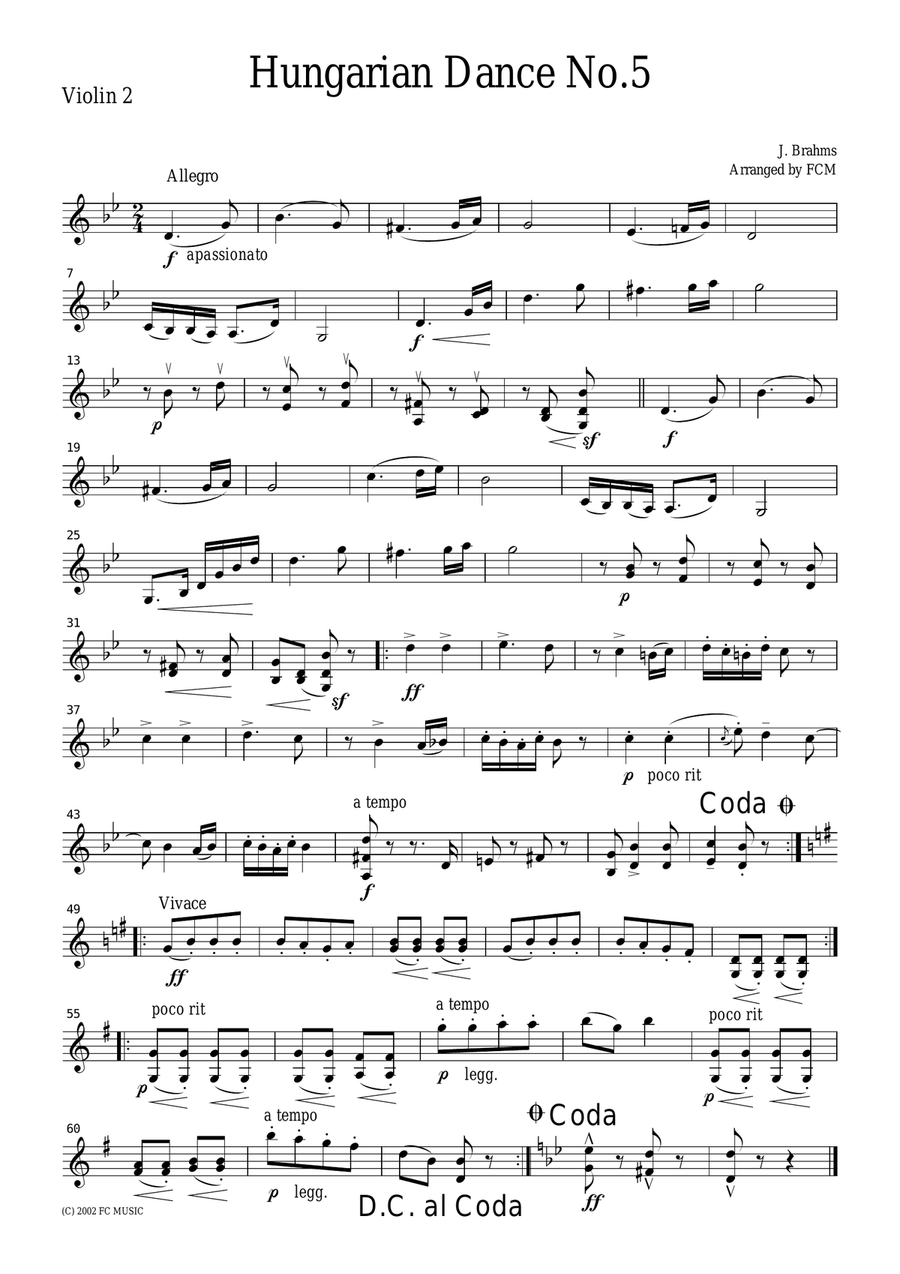 Brahms Hungarian Dance No.5, for string quartet, CB303 String Quartet scores gallery preview page 2