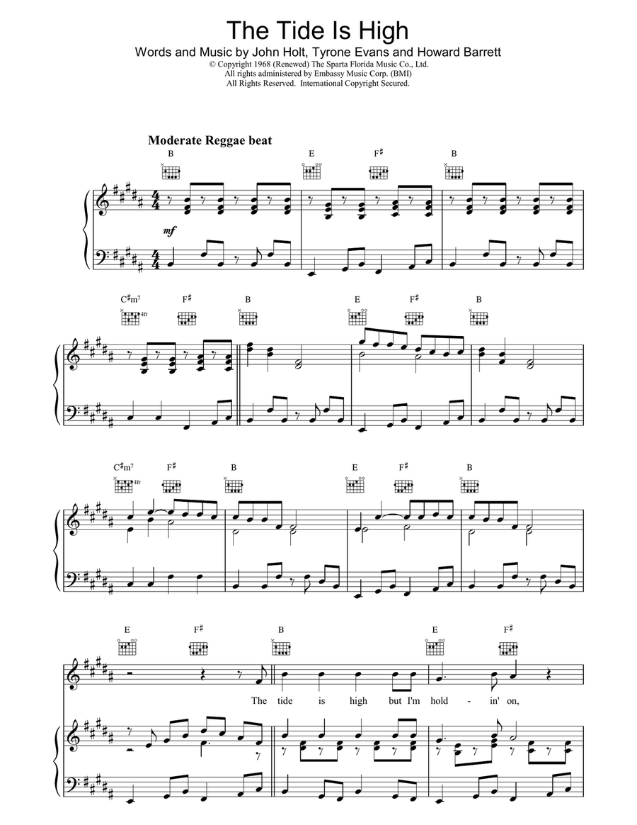 The Tide Is High Piano, Vocal, Guitar scores gallery preview page 1