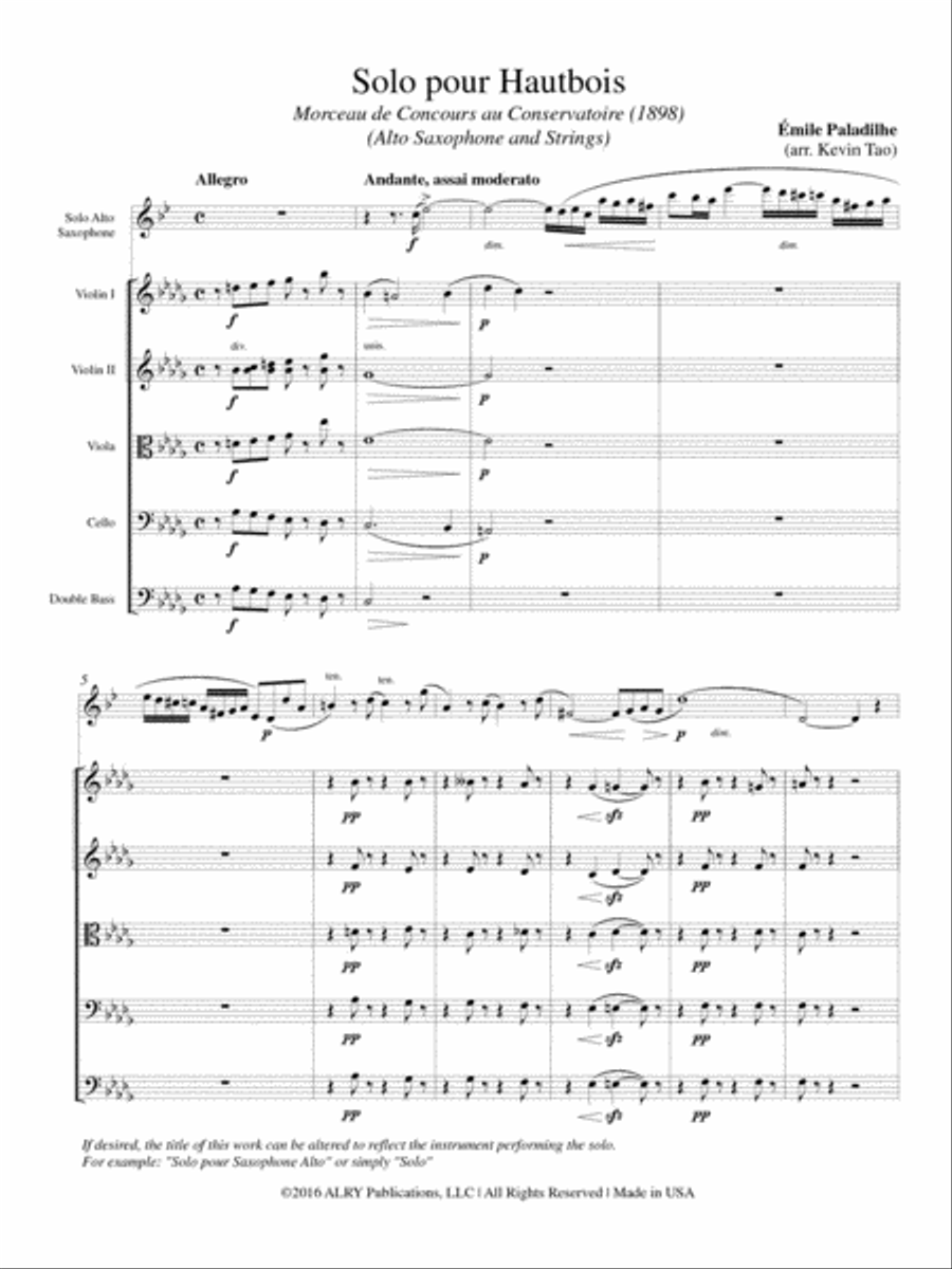 Solo pour Hautbois for Alto Saxophone and Strings Alto Saxophone scores gallery preview page 2